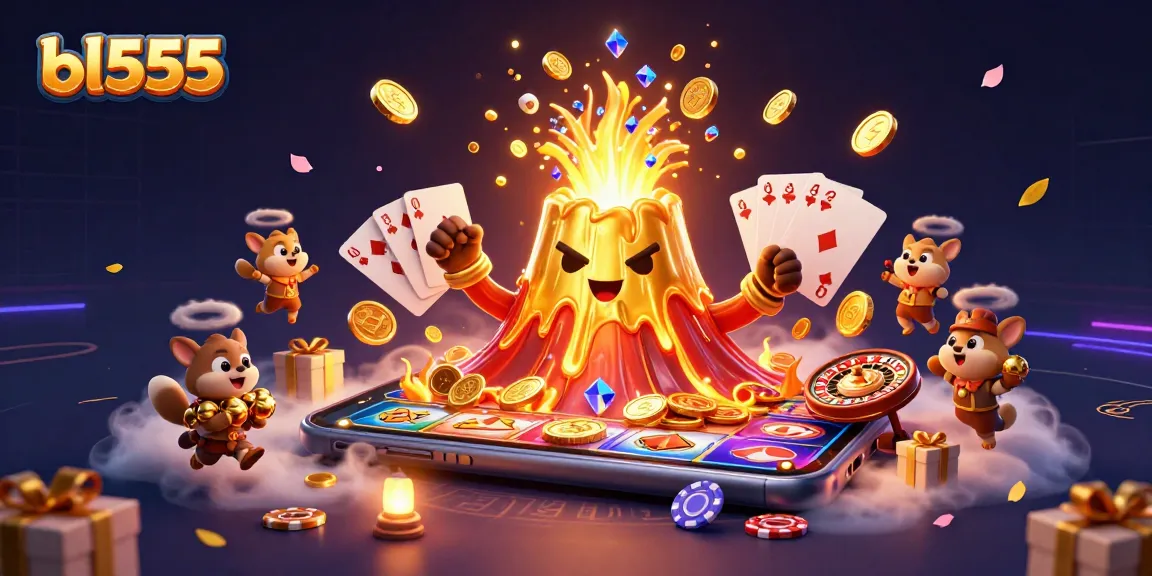 Spin to win at bl555 with a vibrant volcano and treasures erupting in this casino scene.