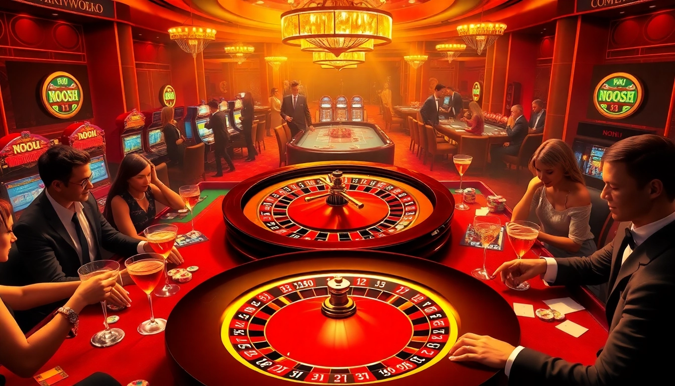 NoHu themed casino scene with luxurious roulette wheel and engaged gamblers playing various table games.