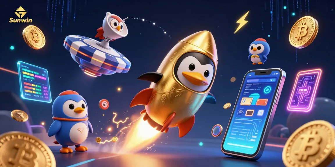 Sunwin engages players in a thrilling casino adventure with a golden penguin soaring through a cosmic landscape.