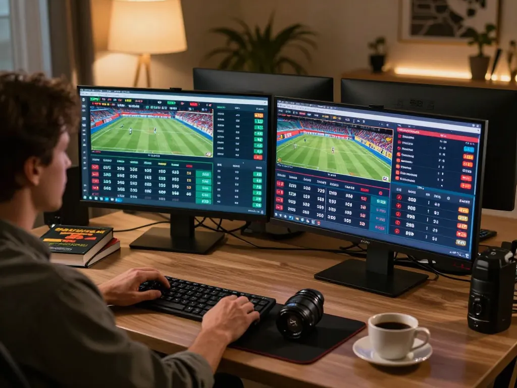 SIN88 user engaging in live sports betting on multiple screens during an online gaming session.