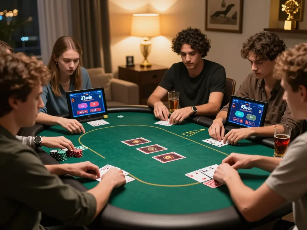Players strategizing in an online poker game on 33win with cozy home atmosphere.