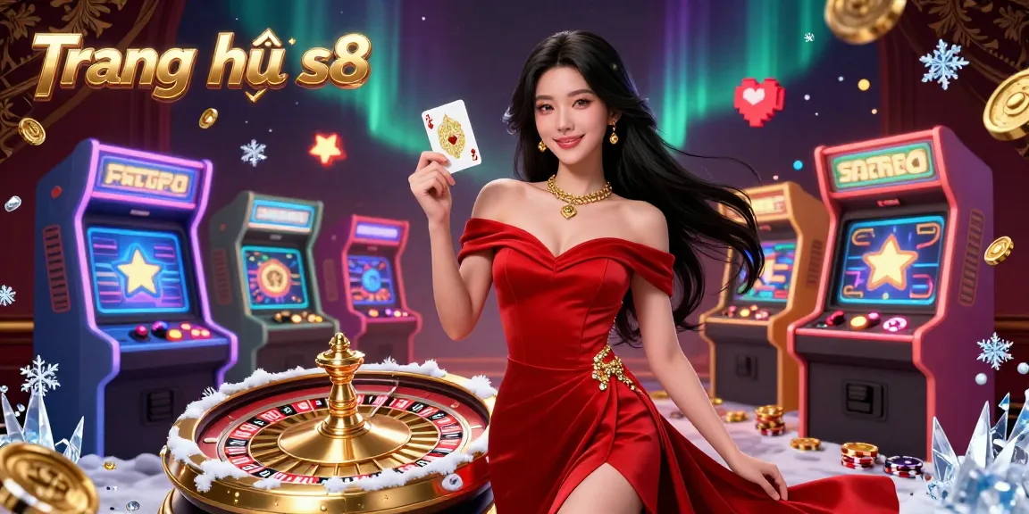 Experience gaming excitement at Trang chủ s8 with our stunning casino-themed promotional illustration featuring roulette wheels and cards.
