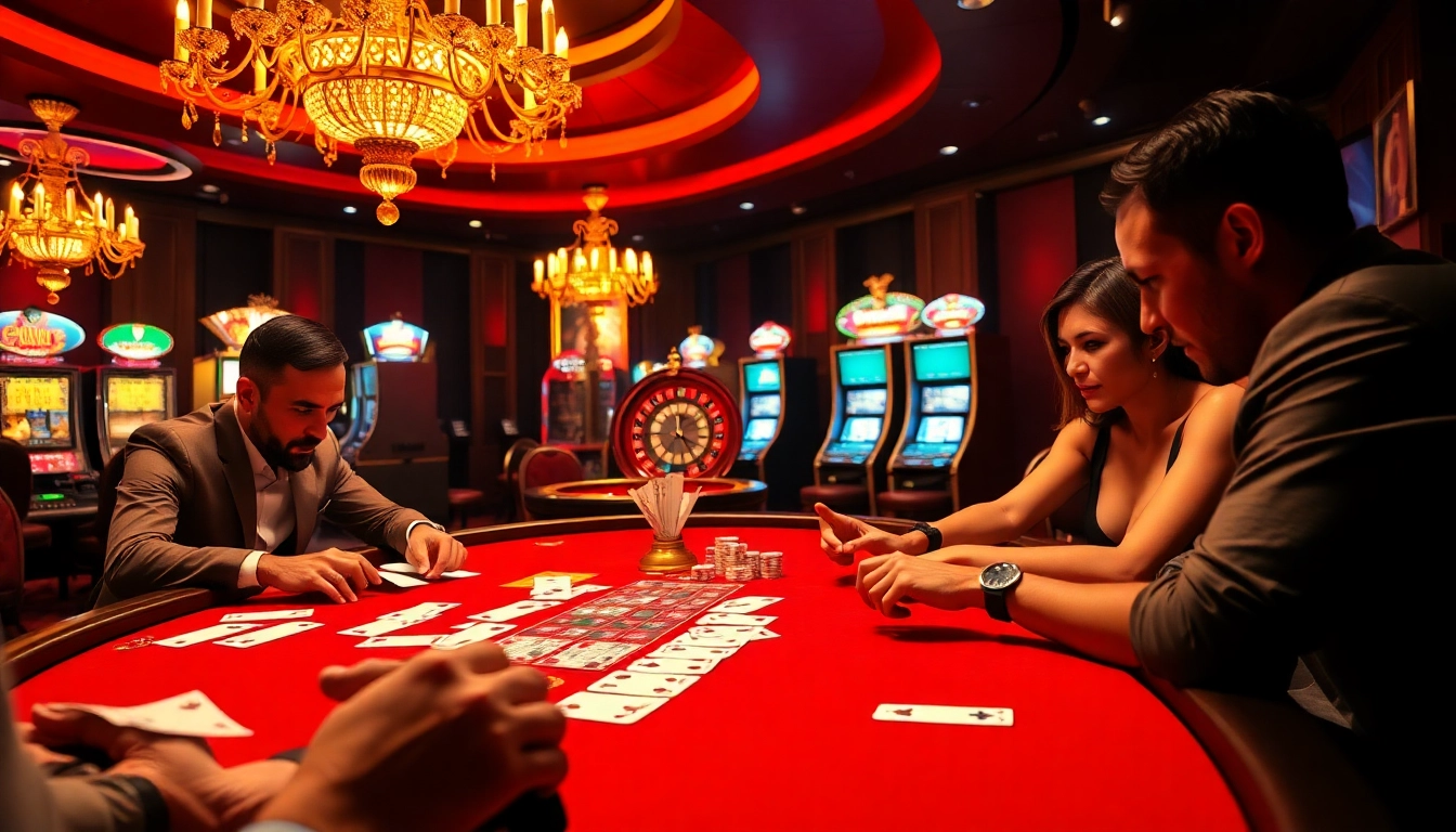 Experience the thrill of gambling at 8XX with players at a vibrant casino table, chips, and cards.