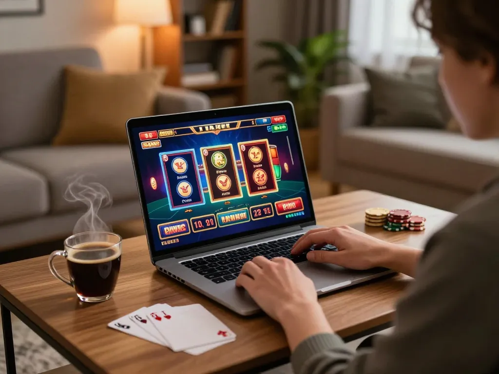 Player enjoying online casino gaming on laptop, exploring TR88 with poker strategies and a cozy setting.