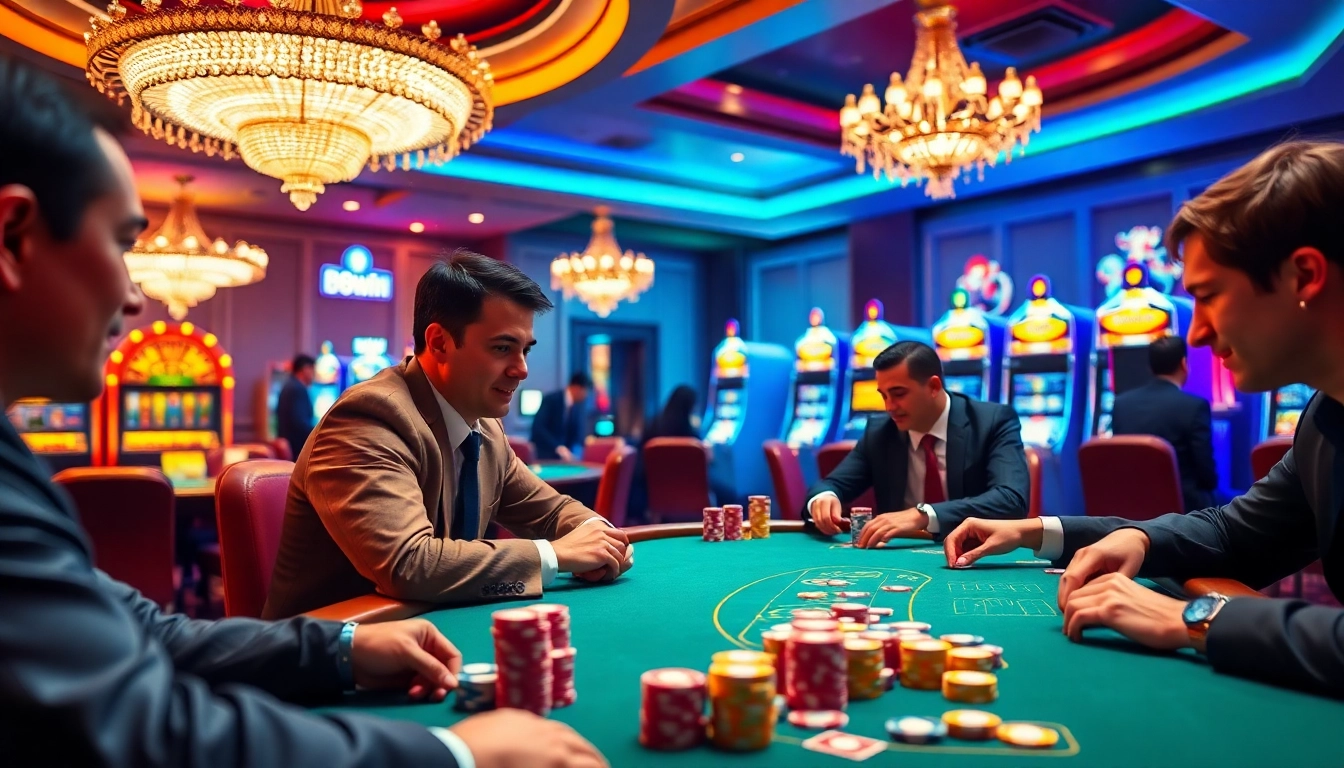 Experience the thrill of 98win poker with vibrant casino tables and players immersed in action.