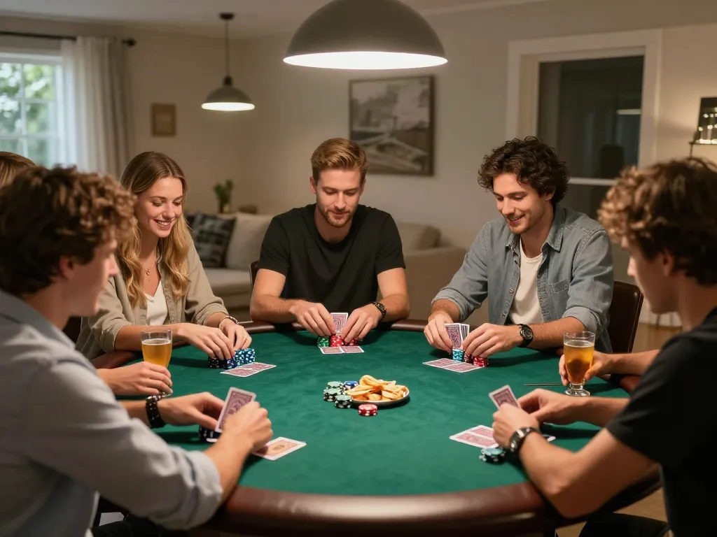 Friends enjoying a lively poker game night while discussing strategies at their JUN88 home gaming table.