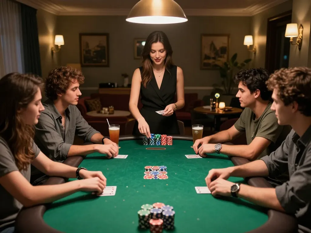 Players enjoying poker night at home, showcasing Fabet88 gaming experience with excitement and camaraderie.