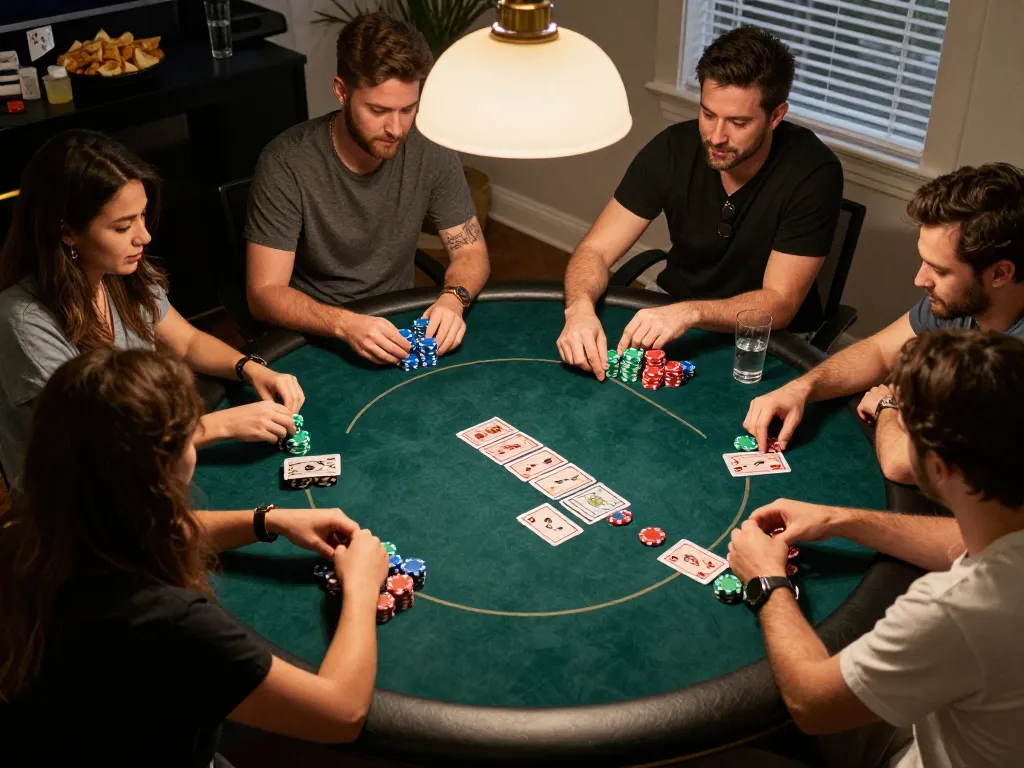 JJNN players enjoying a friendly poker game night, showcasing strategic gameplay and vibrant atmosphere.