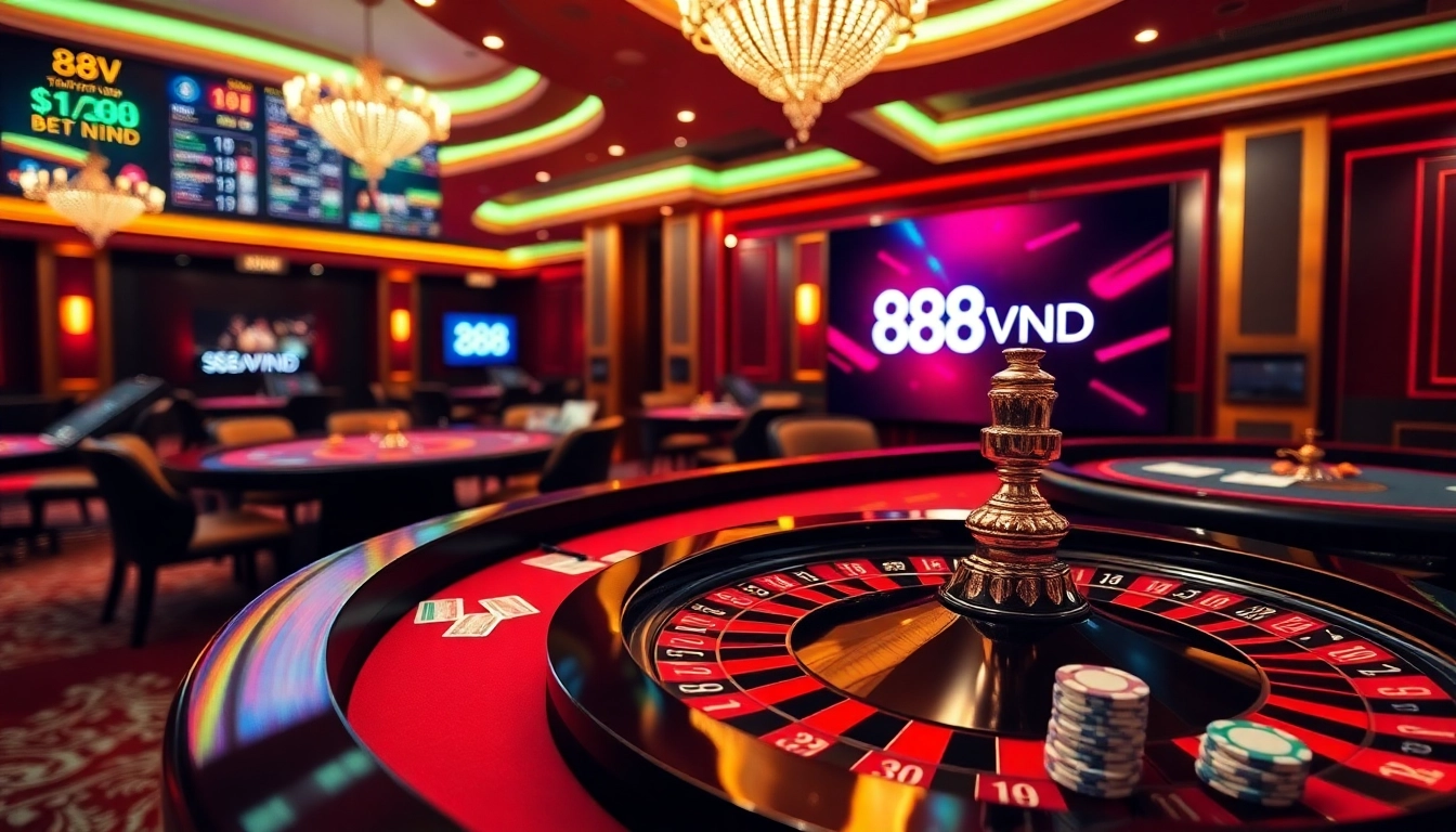 Exciting gaming atmosphere at Trang chủ 888VND featuring roulette, poker, and vibrant casino elements.