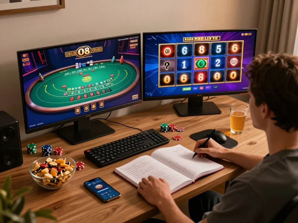 Player engaging with O8 online casino game, focused on blackjack and slots, promoting responsible gambling.
