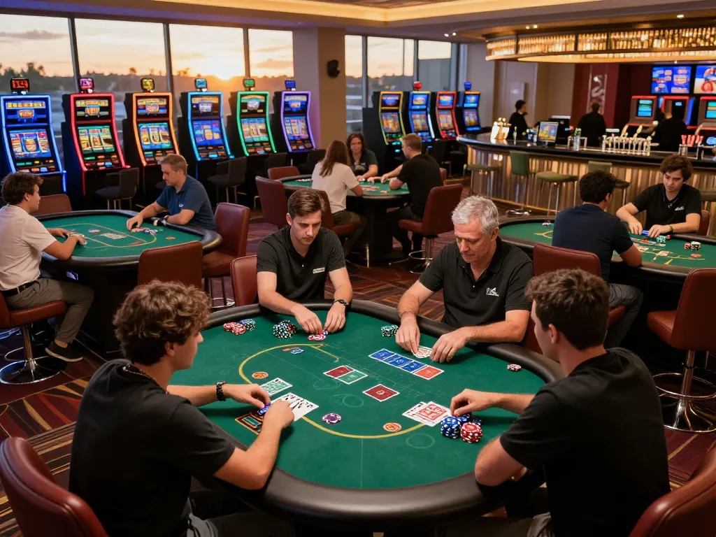Engaging gameplay at MMOO's live casino with players focused on their poker hands.