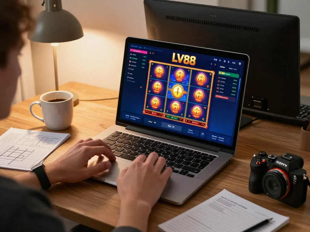 Engaged player enjoying LV88 online casino experience on laptop, showcasing vibrant games.