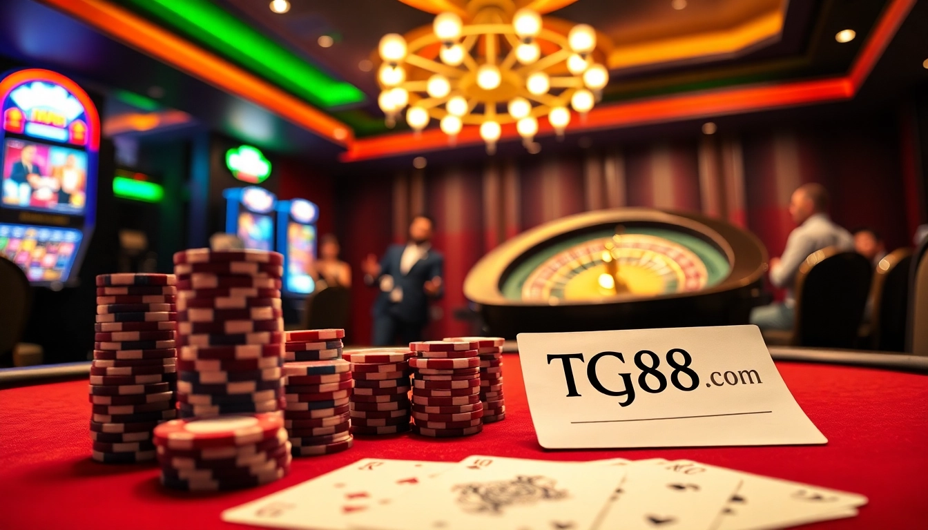 Exciting casino scene at TG88 com with elegant poker table and vibrant roulette wheel.