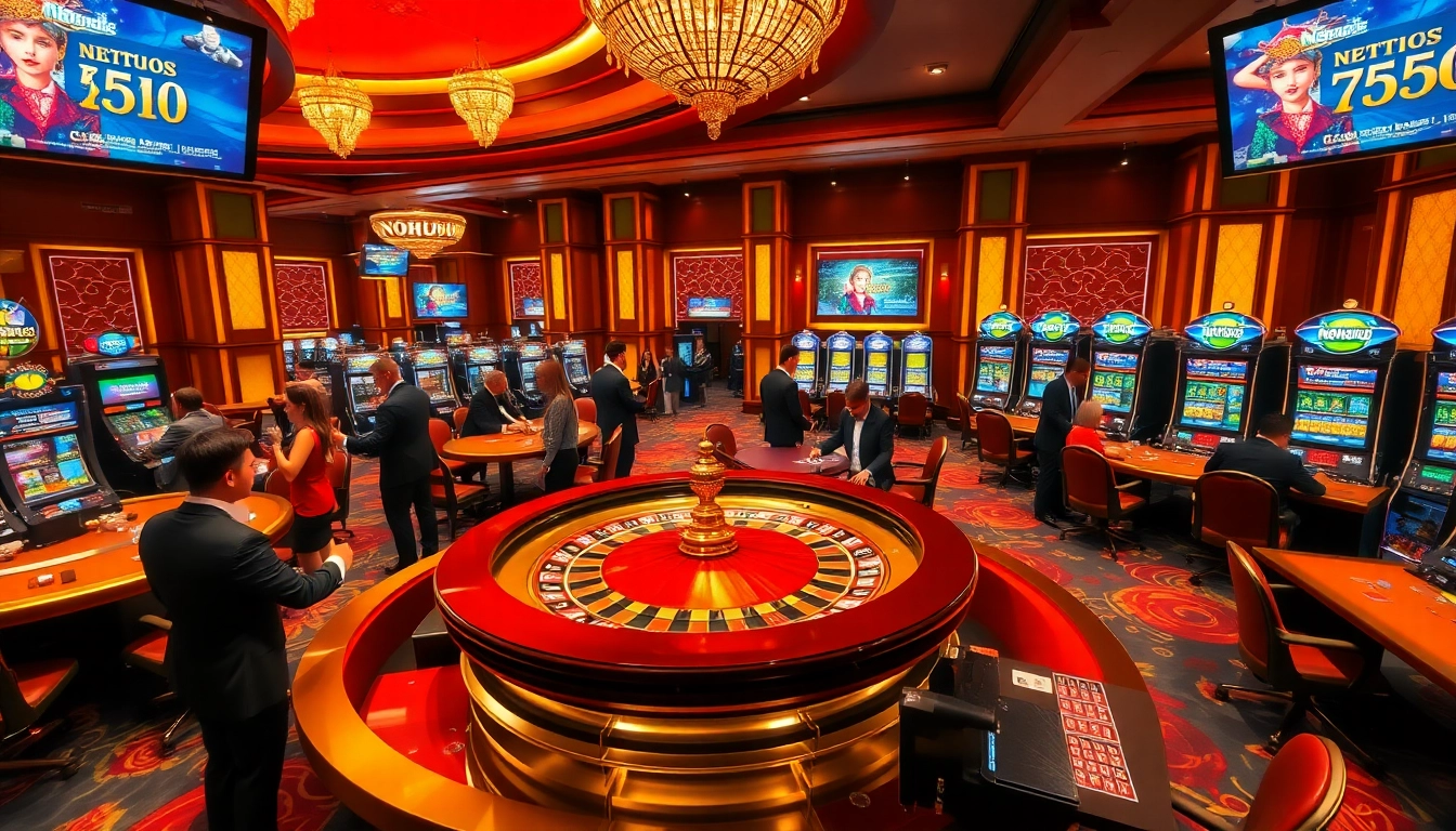 Excited players engaging at NOHU90's roulette table in a luxurious casino atmosphere.