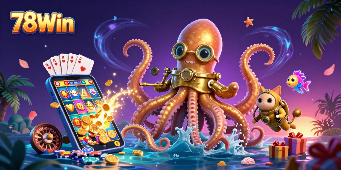 Experience the thrill of 78Win with a vibrant 3D kraken, diving cat, and slot games in action.