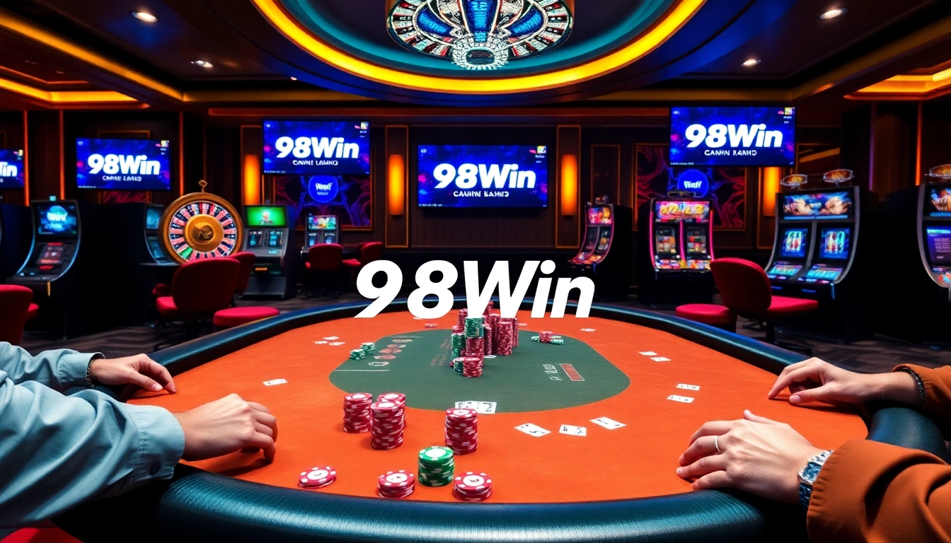 Play poker at 98Win with exciting chips and cards in a vibrant casino setting.