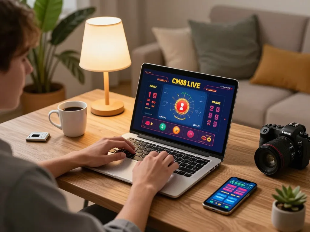 Enjoying live dealer games at CM88 from a cozy home setup, highlighting online gambling experience.