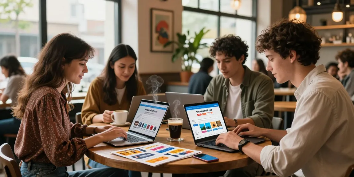 Friends enjoying a cozy online shopping experience at https://proplay88.uk.com/ in a vibrant coffee shop.
