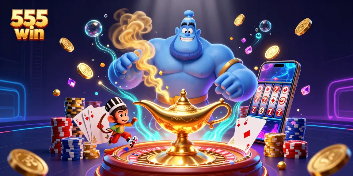Engage in thrilling gameplay with 555 win, featuring vibrant casino elements, stacks of chips, and exciting slot machines.