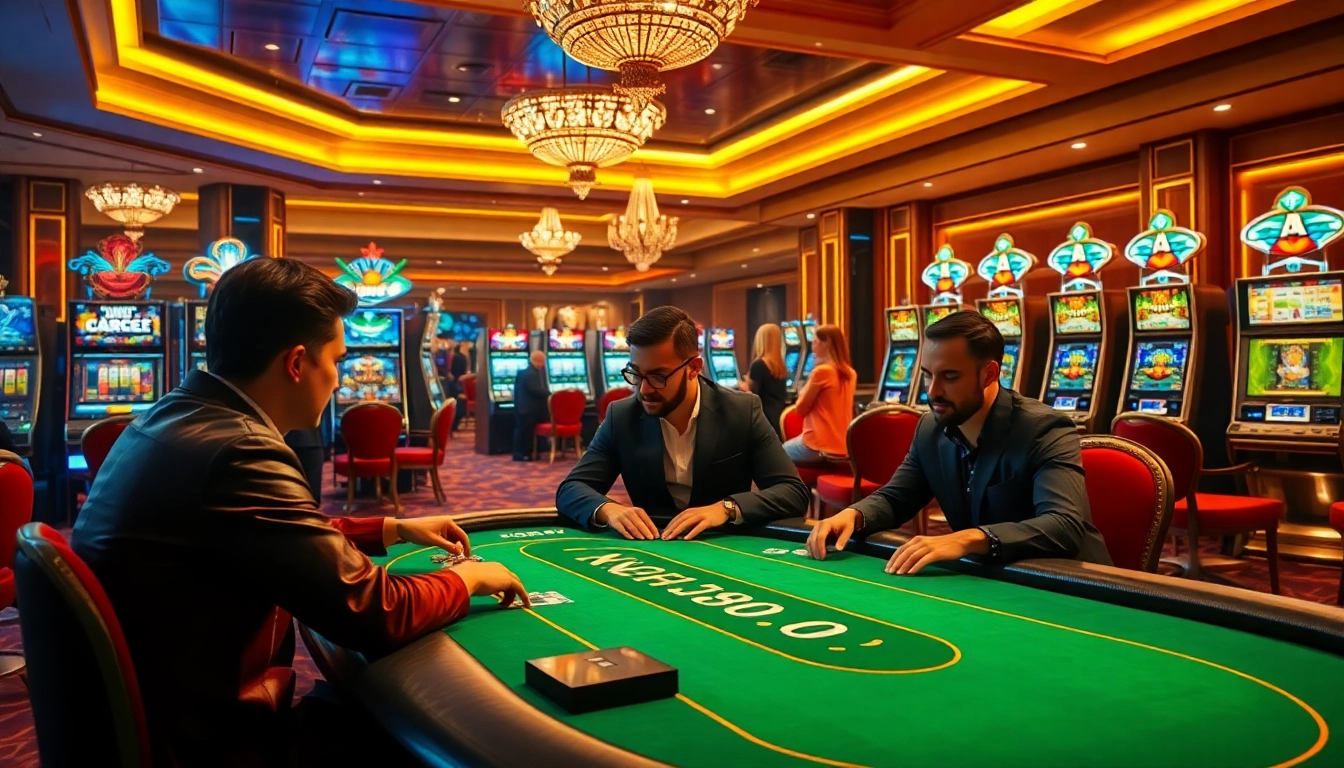 Engaged gamblers enjoying a professional poker game at the NOHU90 casino table, showcasing excitement and luxury.