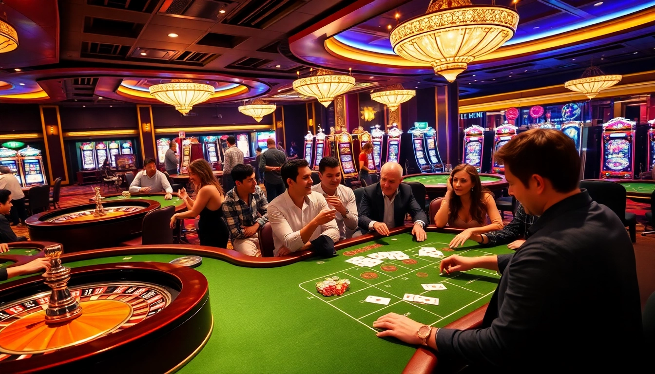KJC Poker players celebrate a winning hand at a vibrant casino table in a luxurious setting.