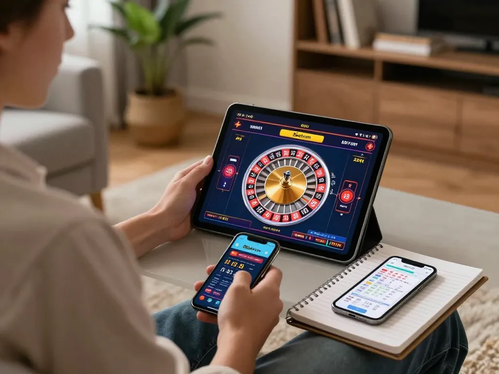 Player engaging with 8kbetcom roulette on a tablet at home, highlighting mobile casino gaming comfort.