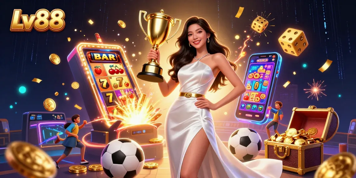 Experience thrilling gaming at Lv88 with a victorious trophy pose amidst a vibrant casino scene.