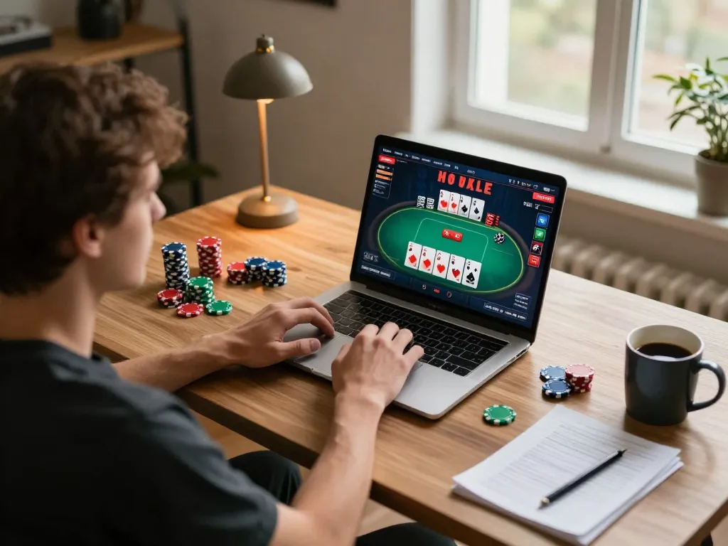 go88 online gaming setup with player engaged in poker strategy, cozy desk environment