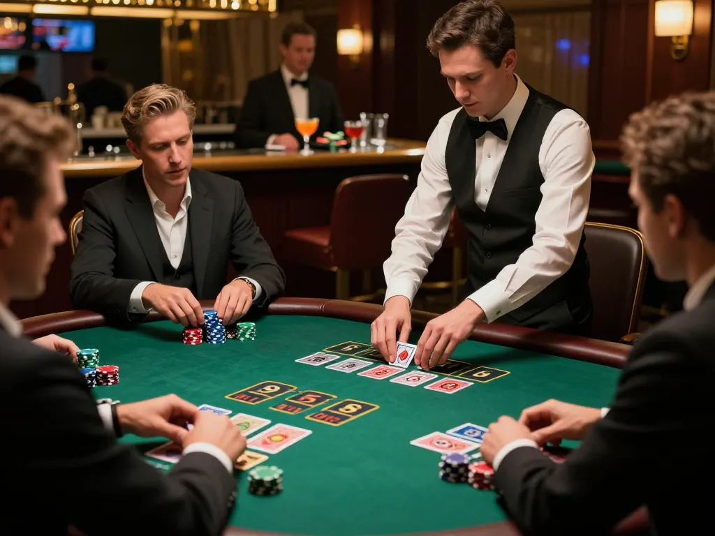 Players engage at a blackjack table in a luxurious casino setting, highlighting s666 betting strategies and excitement