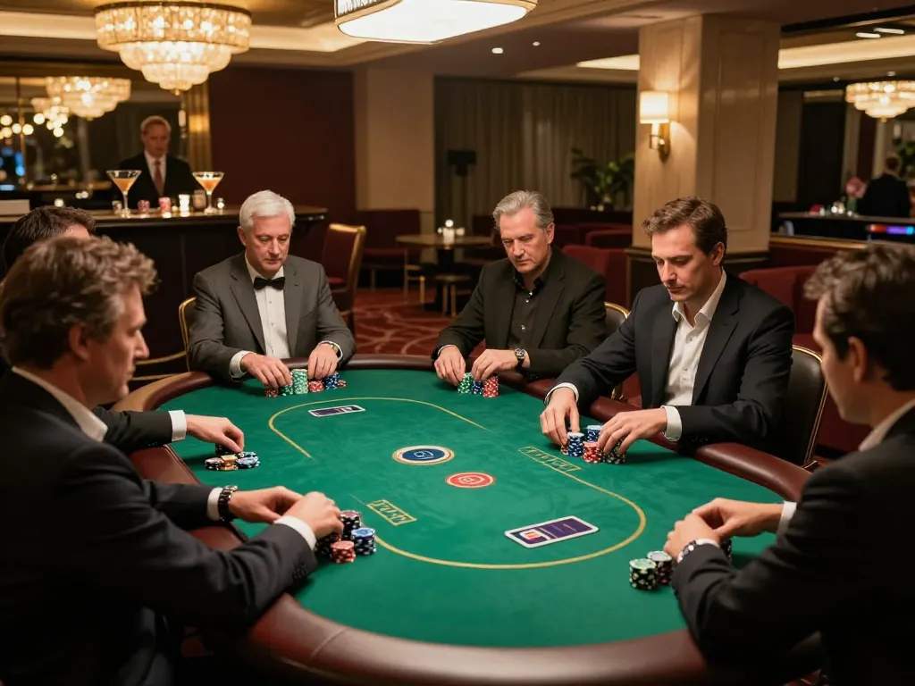 Engaged players in vipwin poker game at luxury casino round table, chips in focus, intimate atmosphere.
