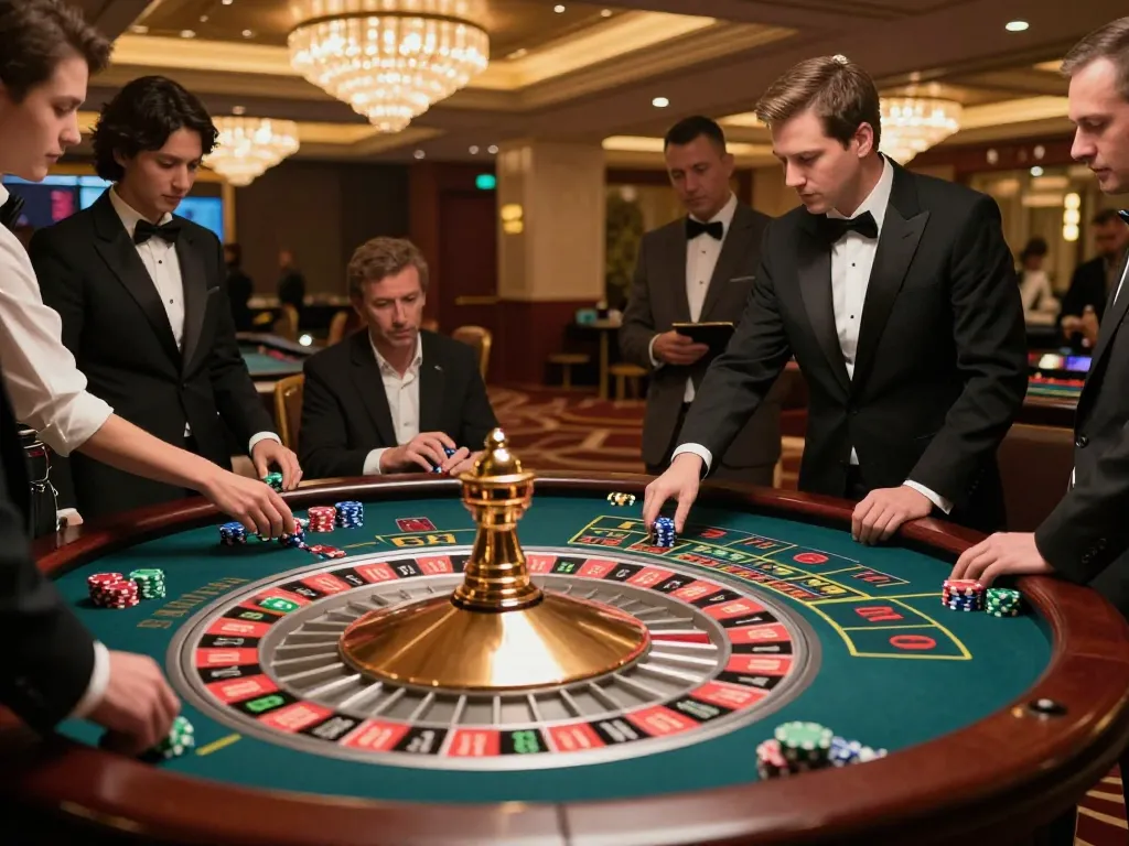 Players placing bets on the spinning roulette wheel at five88 casino, showcasing vibrant chips and a luxurious atmosphere