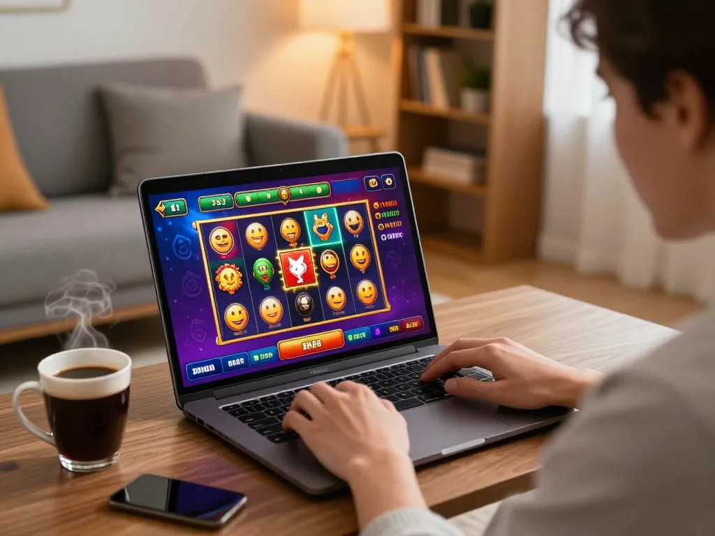 Player enjoying a thrilling slot game on DH88's online casino in a cozy home setting.
