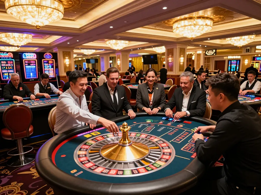 KUBET players engaging in a thrilling roulette game on an upscale casino floor.