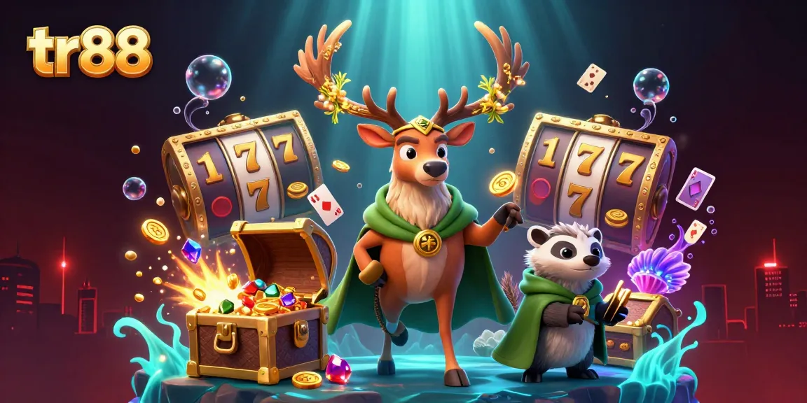 Experience thrilling wins with TR88's dynamic casino scene filled with vibrant characters and slot elements.