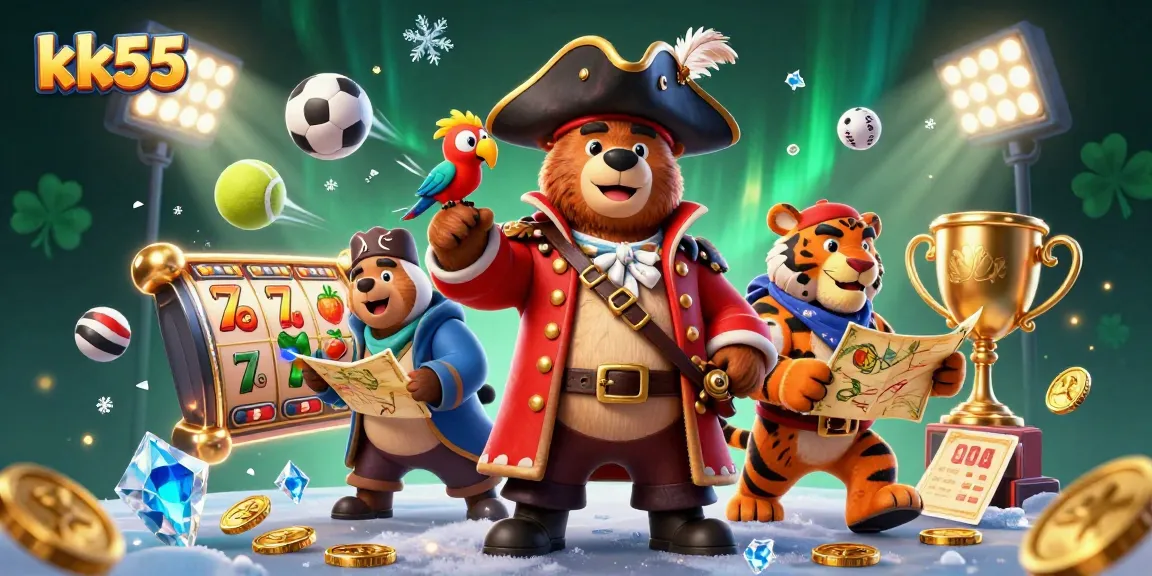 kk55 offers thrilling slots experience with a cartoon pirate captain and engaging game elements.