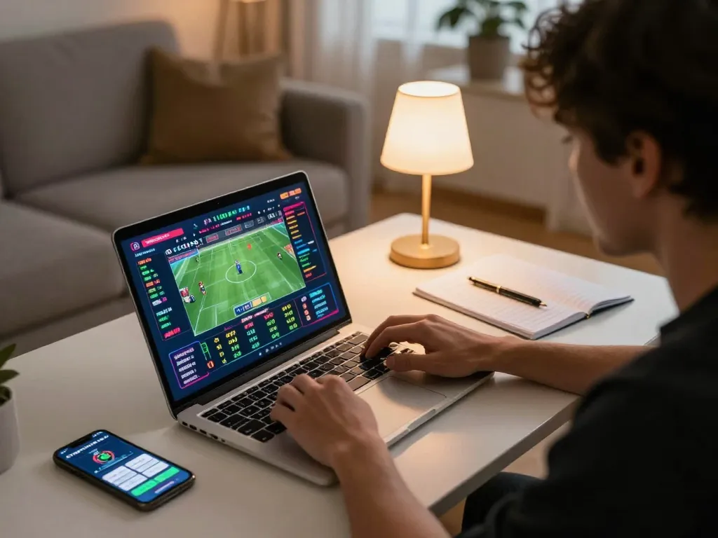 Player engages in sports betting at home using EA77, showcasing vibrant graphics and focused strategy.
