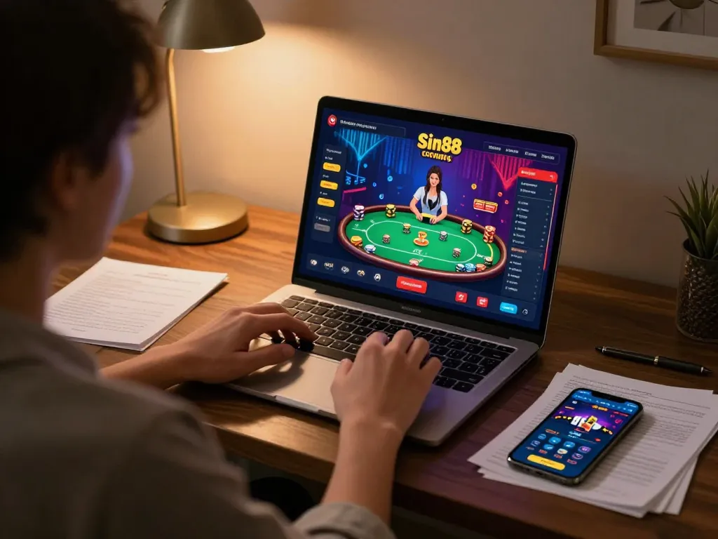 Player engaging with sin88 com on laptop, showcasing online poker gaming strategy.