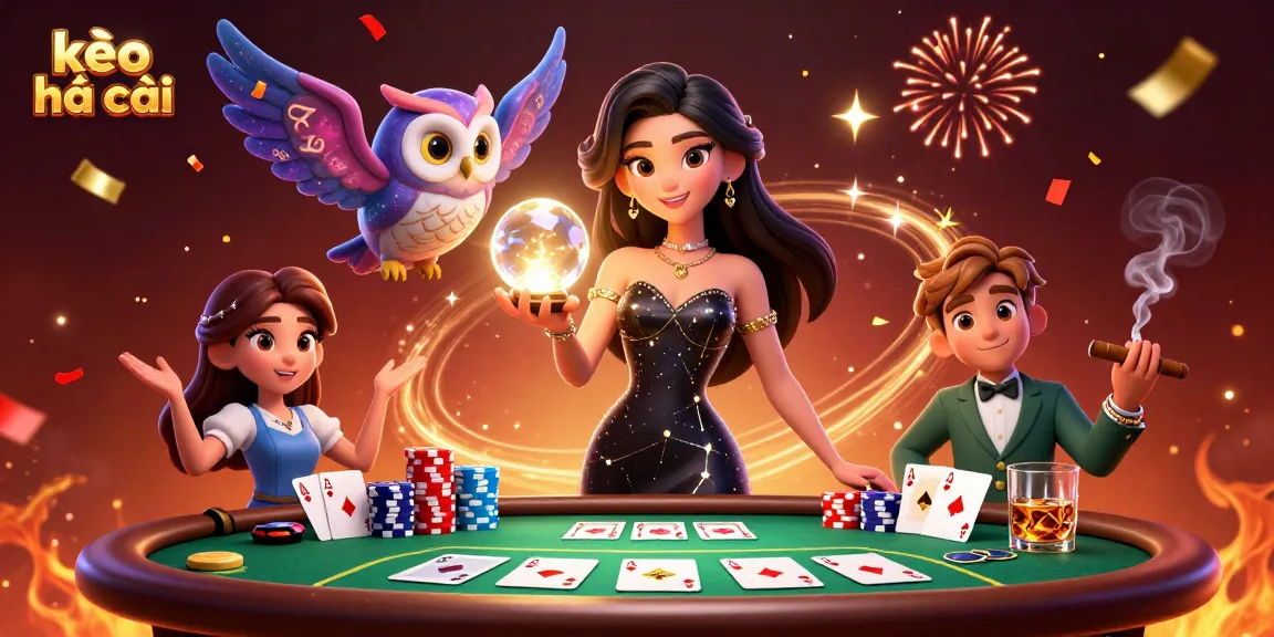 Experience the excitement of kèo nhà cái with a stunning illustration of a fortune-teller, poker chips, and cosmic elements.