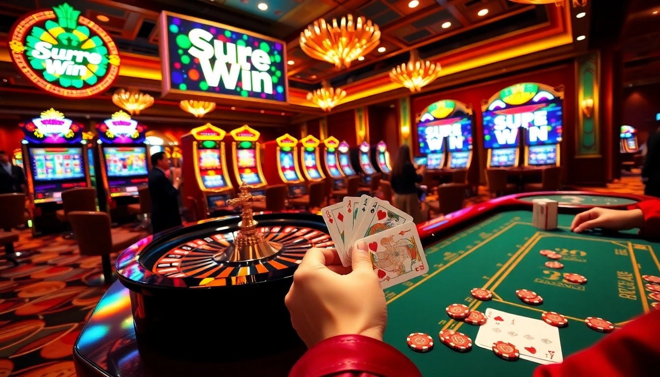 Experience the thrill of sure win at a luxurious casino with vibrant tables and cheering players.