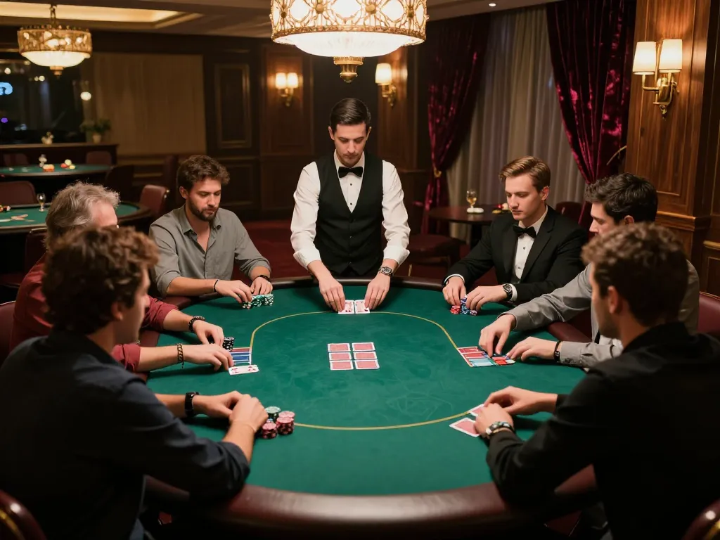 33win players strategizing at a high-stakes poker table in an upscale casino