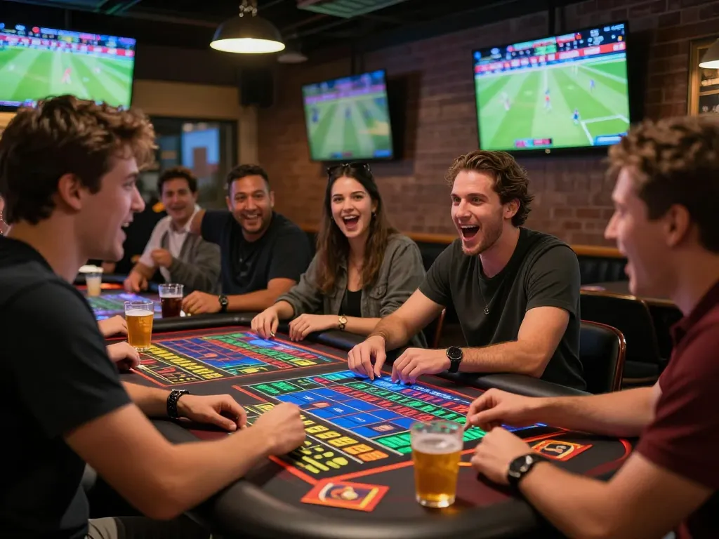 A lively sports betting table showcasing debet with enthusiastic participants, colorful betting slips, and live game odds.