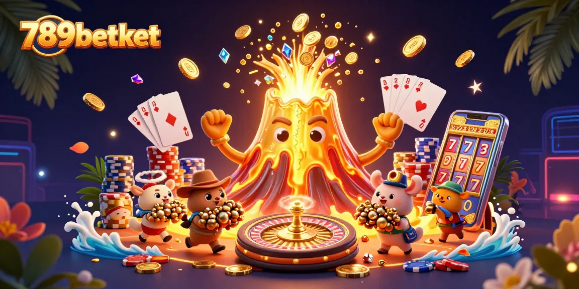 Experience thrilling victories with 789betket as the golden volcano erupts coins and gems in this vibrant casino scene.