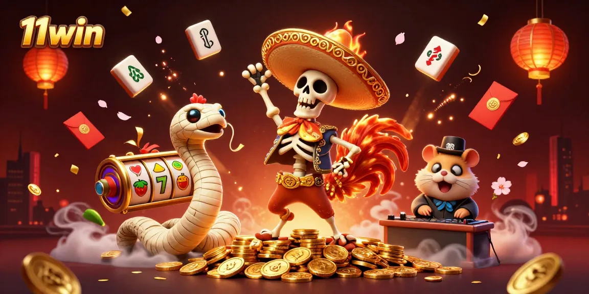 11win presents an exciting casino scene with festive characters celebrating over slot reels.