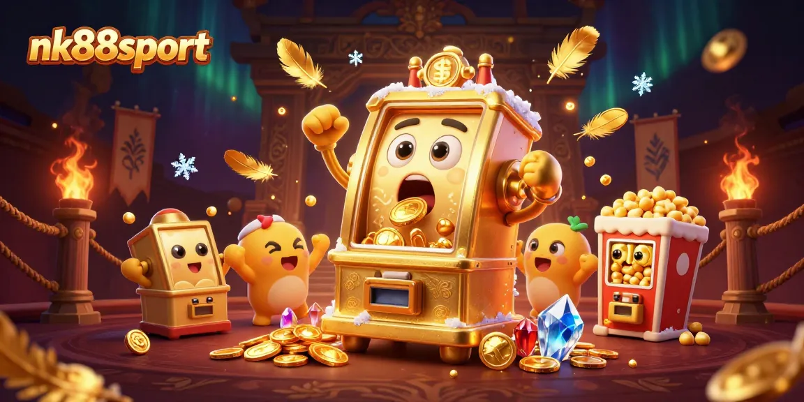 Nk88sport slot machine surprises with coins pouring out after hitting a jackpot in vibrant online casino scene.