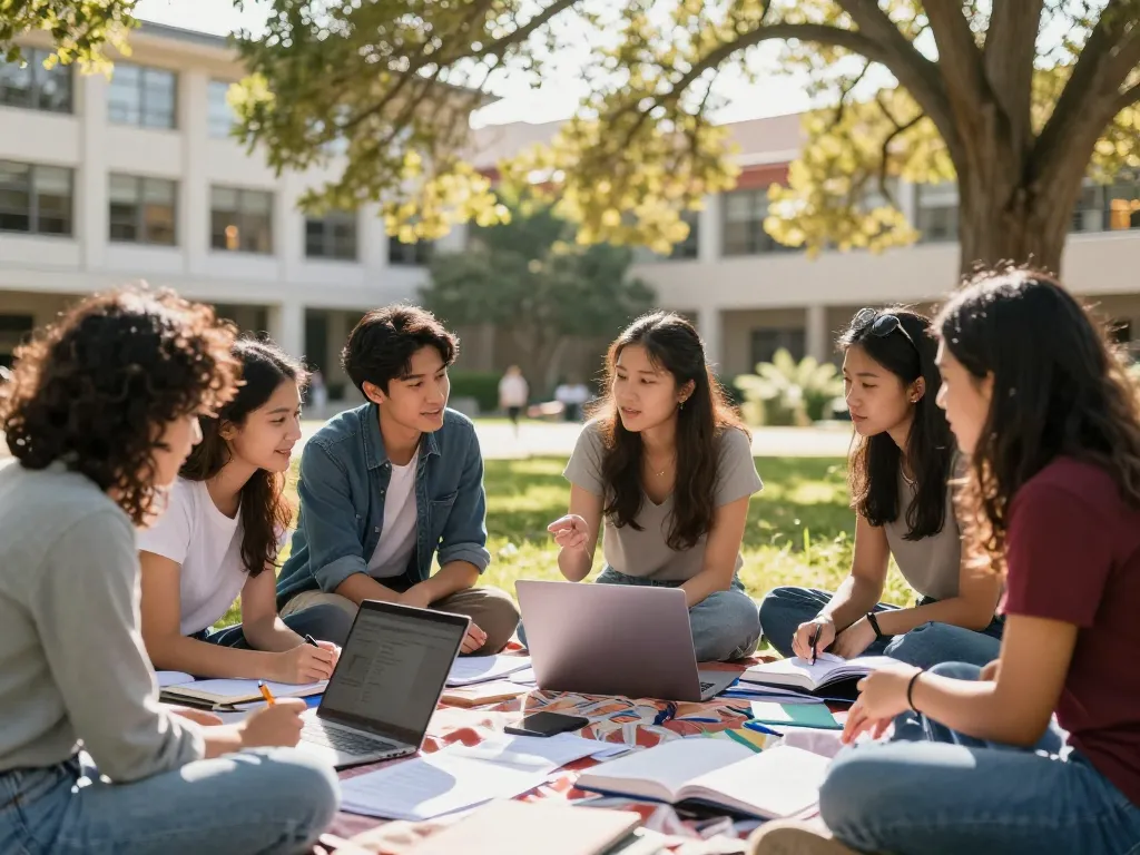 Students from Go8 universities collaborating outdoors, fostering a vibrant educational atmosphere.