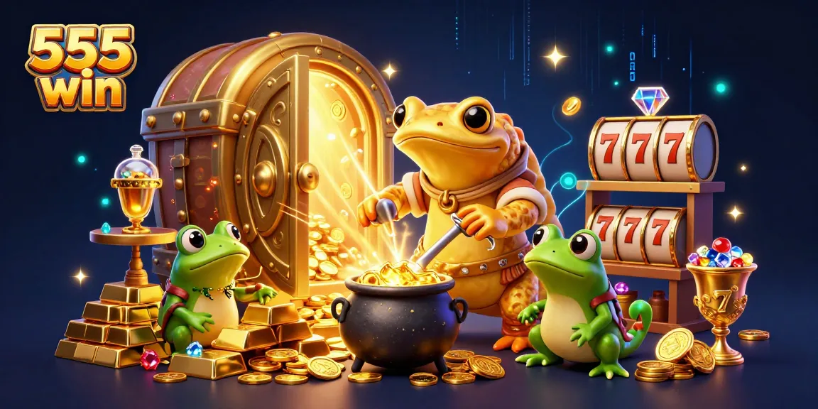 Experience the magical win with 555 win as a golden salamander alchemist creates gold coins amidst slot reels and treasures.