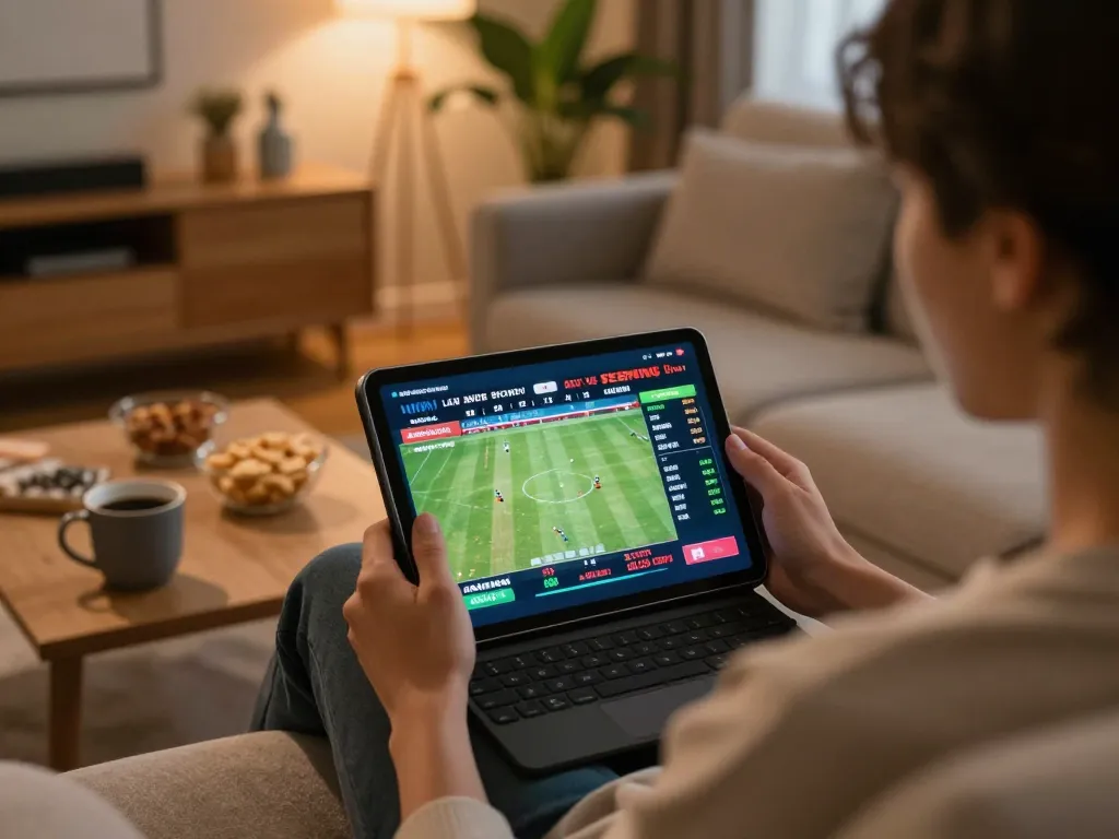 Xoilactv39 user engaged in online sports betting on tablet with live match updates.