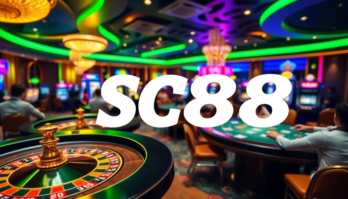 SC88 players winning at a vibrant casino table under neon lights.