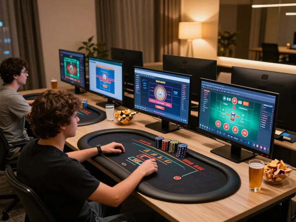 Engaging online casino gaming session showcasing mb66 with multiple screens and snacks
