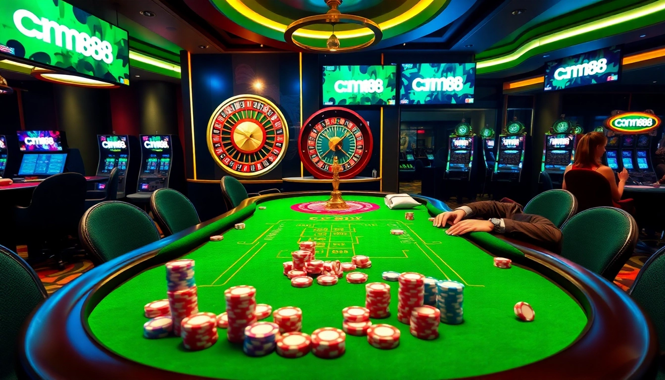 Exciting poker game scene at a cm88 casino with vibrant chips and roulette wheel lighting up the action.